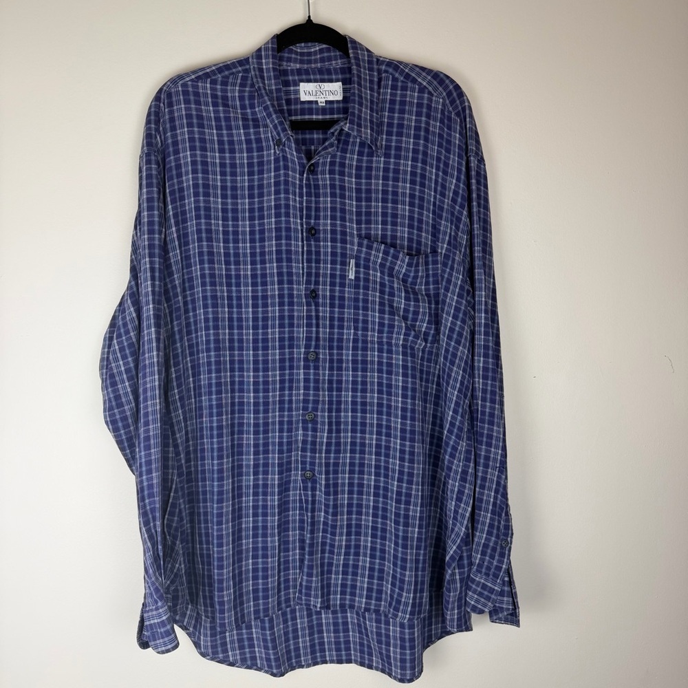 Vintage 90s VALENTINO Men's Blue Plaid Long Sleeve Shirt IT 42